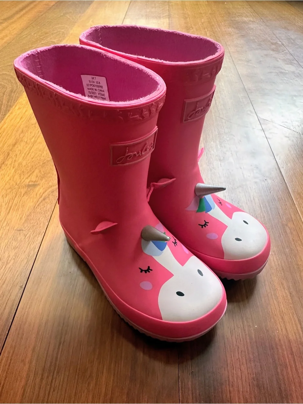 Joules Kids’ Unicorn 3D Horn Wellies/Rain Boots, Size 8 Little Kid, Pink